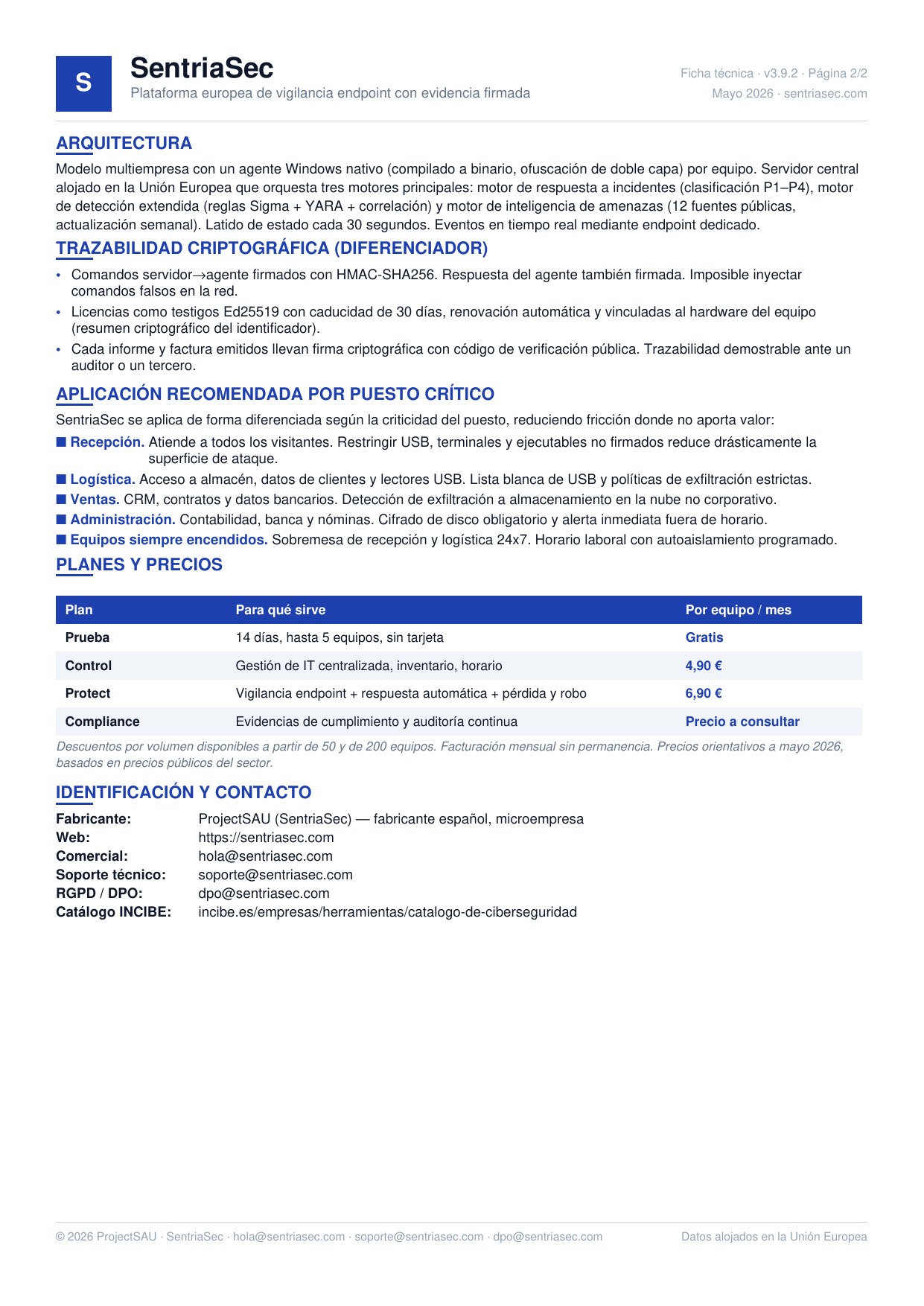 Ficha técnica SentriaSec — Página 2: arquitectura, trazabilidad criptográfica, aplicación por puesto, planes y contacto